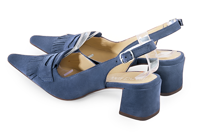 Denim blue women's slingback shoes. Pointed toe. Medium block heels. Rear view - Florence KOOIJMAN